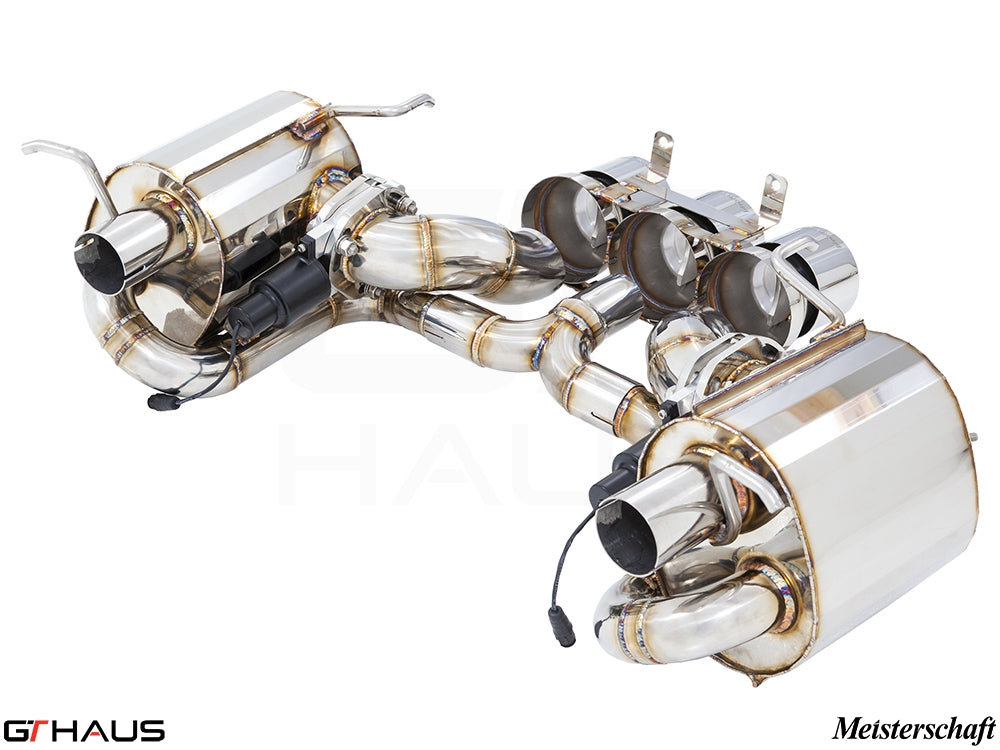 Premium exhaust system for Ferrari F458 V8 Coupe/Spider, featuring stainless steel construction and electronic valve control.