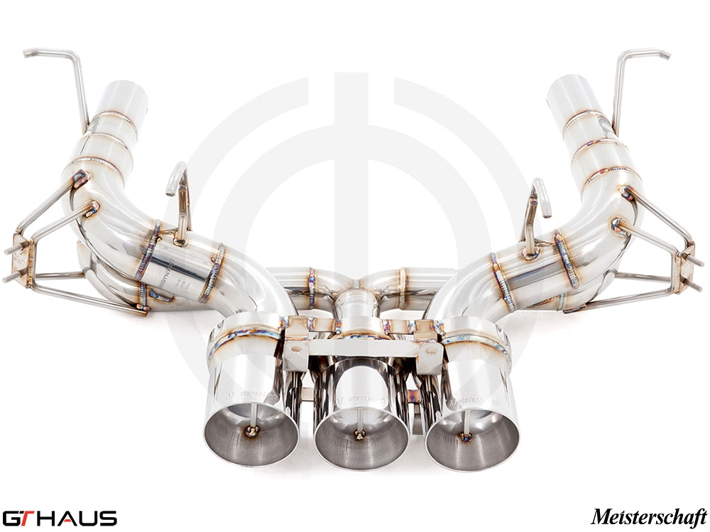 Premium Meisterschaft exhaust system for Ferrari F458 V8 Coupe/Spider, featuring stainless steel construction and electronic valve control.