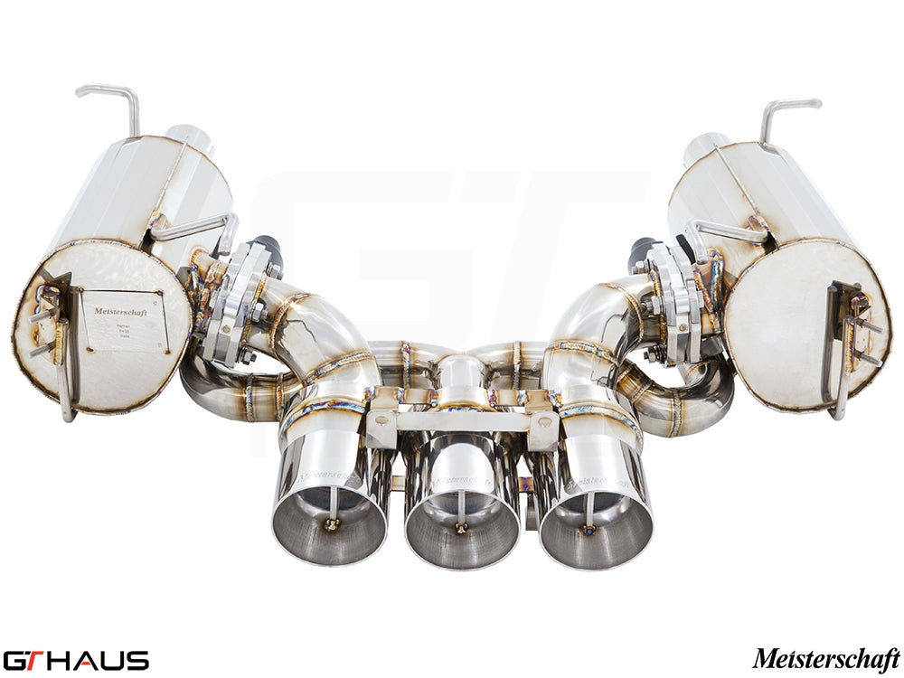 Premium Meisterschaft exhaust system for Ferrari F458 V8 Coupe/Spider, featuring stainless steel construction and electronic valve control.