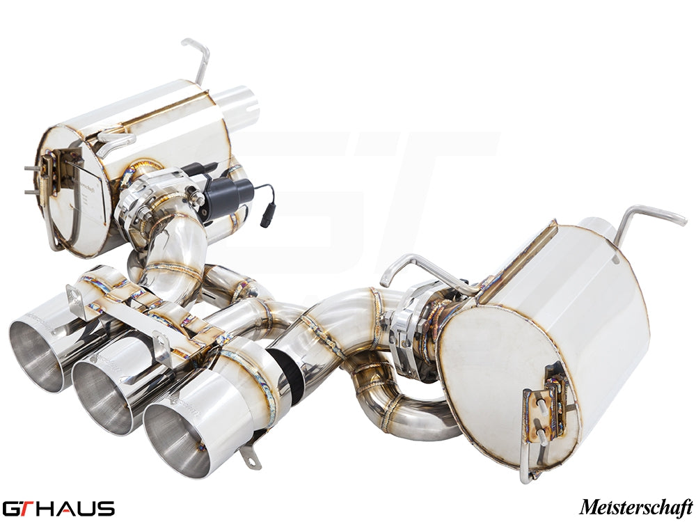 Premium performance exhaust system for Ferrari F458 V8 Coupe/Spider, featuring stainless steel construction and electronic valve control.