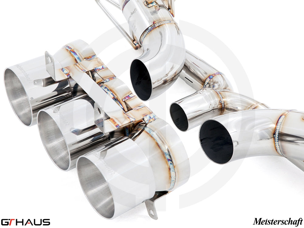 Premium exhaust system for Ferrari F458 V8 Coupe/Spider, featuring polished stainless steel tips and advanced valve control.