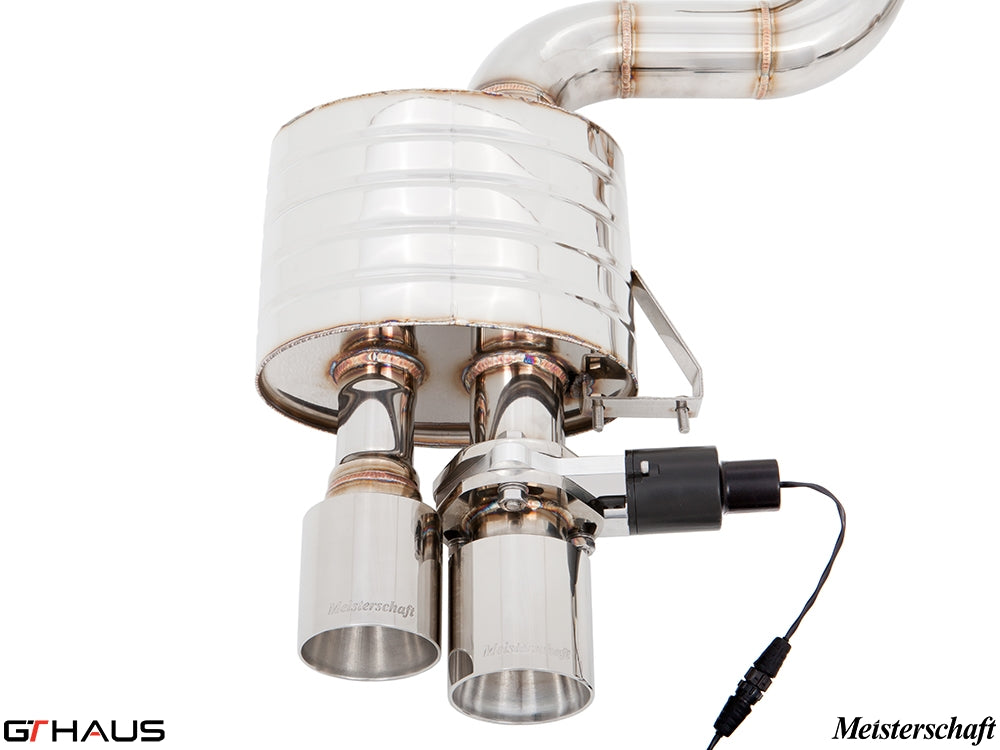 Premium exhaust system for Ferrari F599 GTB/GTO V12 Coupe featuring dual polished tips and electronic valve control.