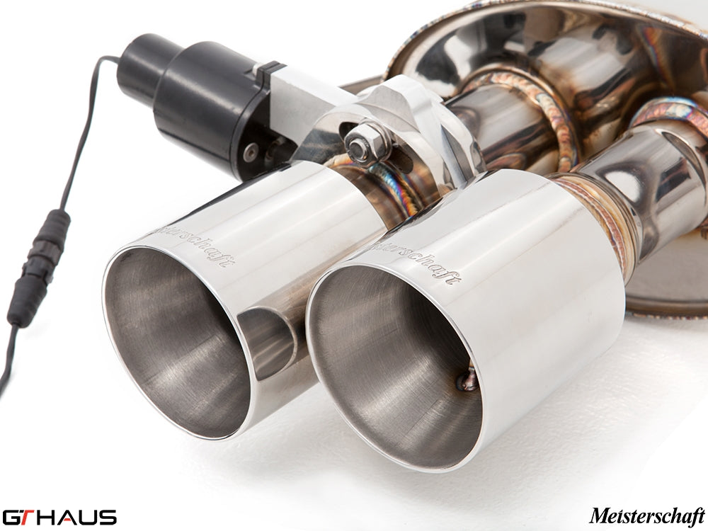 Premium stainless steel exhaust tips for Ferrari F599 GTB/GTO, featuring Meisterschaft branding and electronic valve control.
