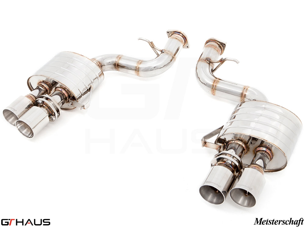 Premium exhaust system for Ferrari F599 GTB/GTO V12 Coupe, featuring polished stainless steel and dual tips.