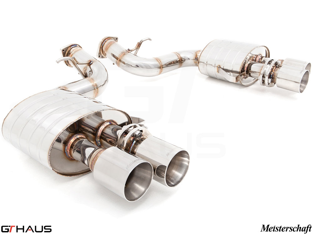 Premium Meisterschaft exhaust system for Ferrari F599 GTB/GTO V12 Coupe, featuring polished stainless steel construction.