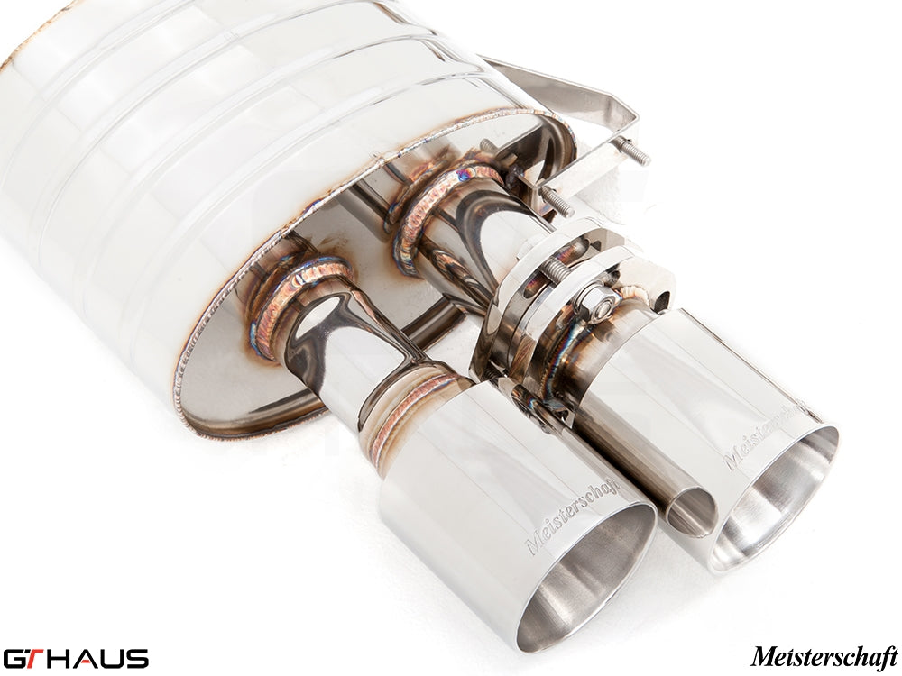 Premium stainless steel exhaust system for Ferrari F599 GTB/GTO V12 Coupe, featuring dual polished tips and precision craftsmanship.