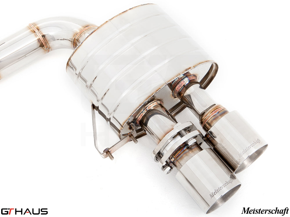 Premium exhaust system for Ferrari F599 GTB/GTO V12 Coupe, showcasing polished stainless steel finish and dual tips.
