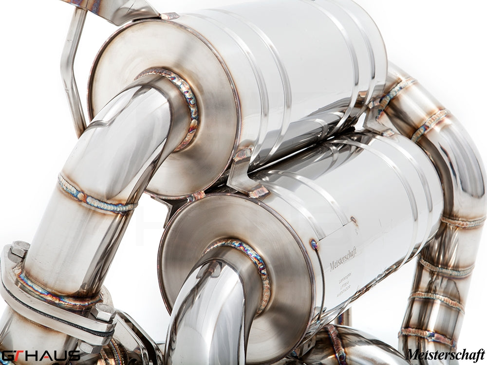 Premium exhaust system for Lamborghini Aventador LP700/720/750-4, showcasing stainless steel craftsmanship and design.