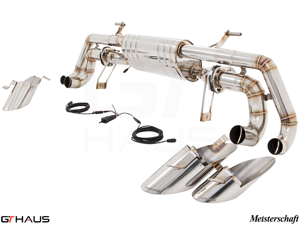 Premium Meisterschaft exhaust system for Lamborghini Huracan LP610-4, featuring stainless steel construction and electronic valve control.