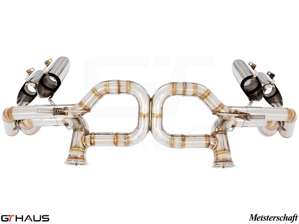 Meisterschaft performance exhaust system for Lamborghini Huracan LP610-4 Coupe, featuring stainless steel construction and electronic valves.