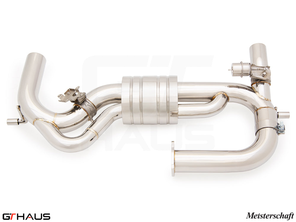 Premium stainless steel exhaust system for 2022+ Lotus Emira V6 3.0 SC, featuring electronic valve control.