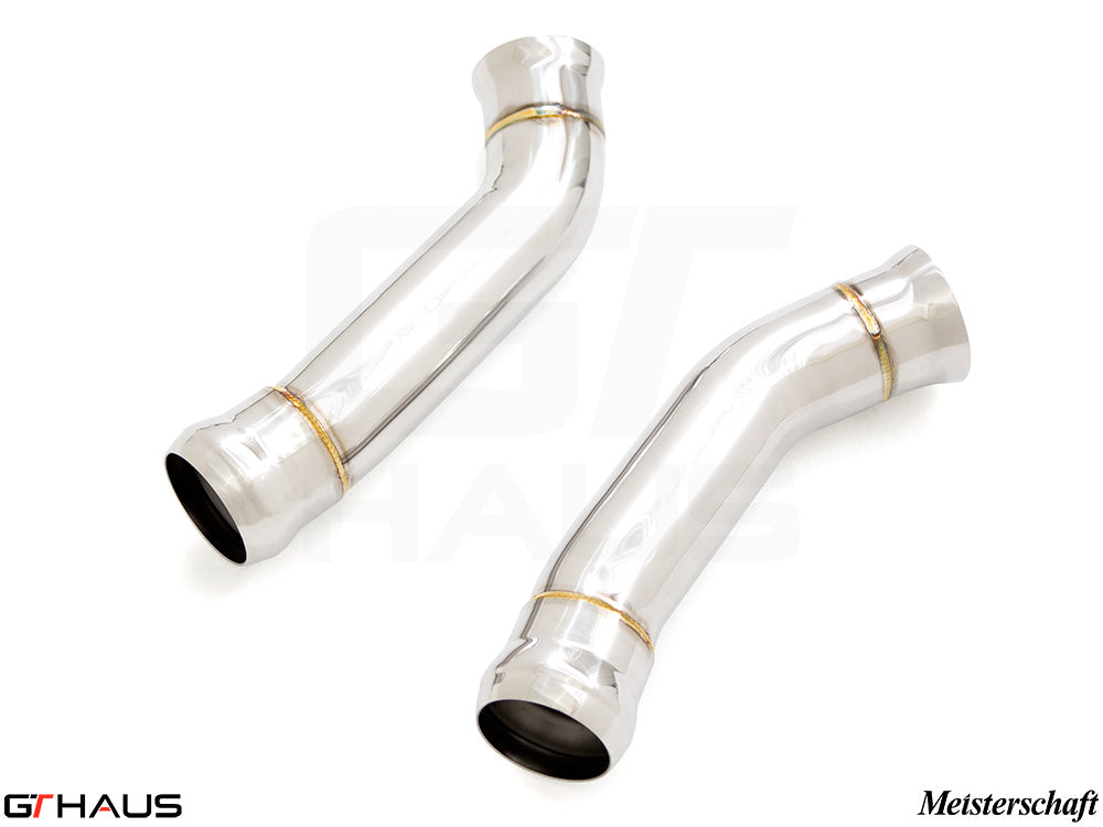 Mercedes-Benz A205 C-convertible 2016-2018 down pipe with secondary cat-delete, featuring polished stainless steel construction.