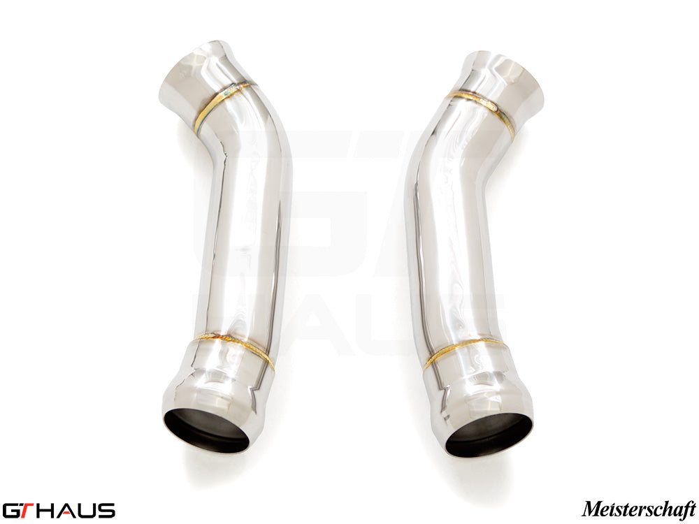 Stainless steel down pipes for Mercedes-Benz A205 C-convertible 2016-2018, designed for secondary cat-delete performance.