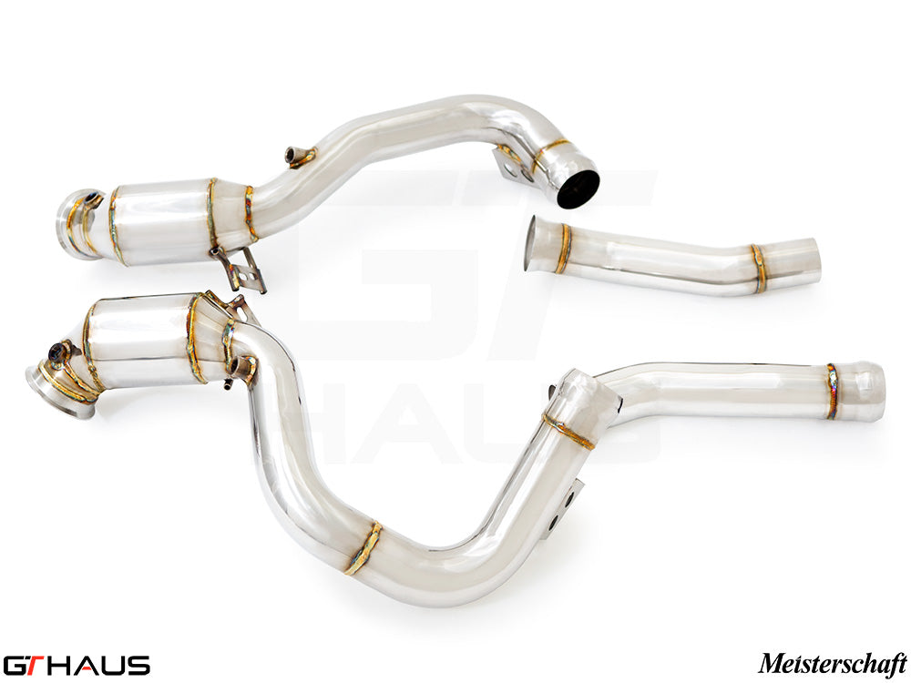 Premium down pipes for Mercedes-Benz C190 AMG GTS Coupe/Convertible 2015+, featuring OBD2 and 400 CEL sport cats.