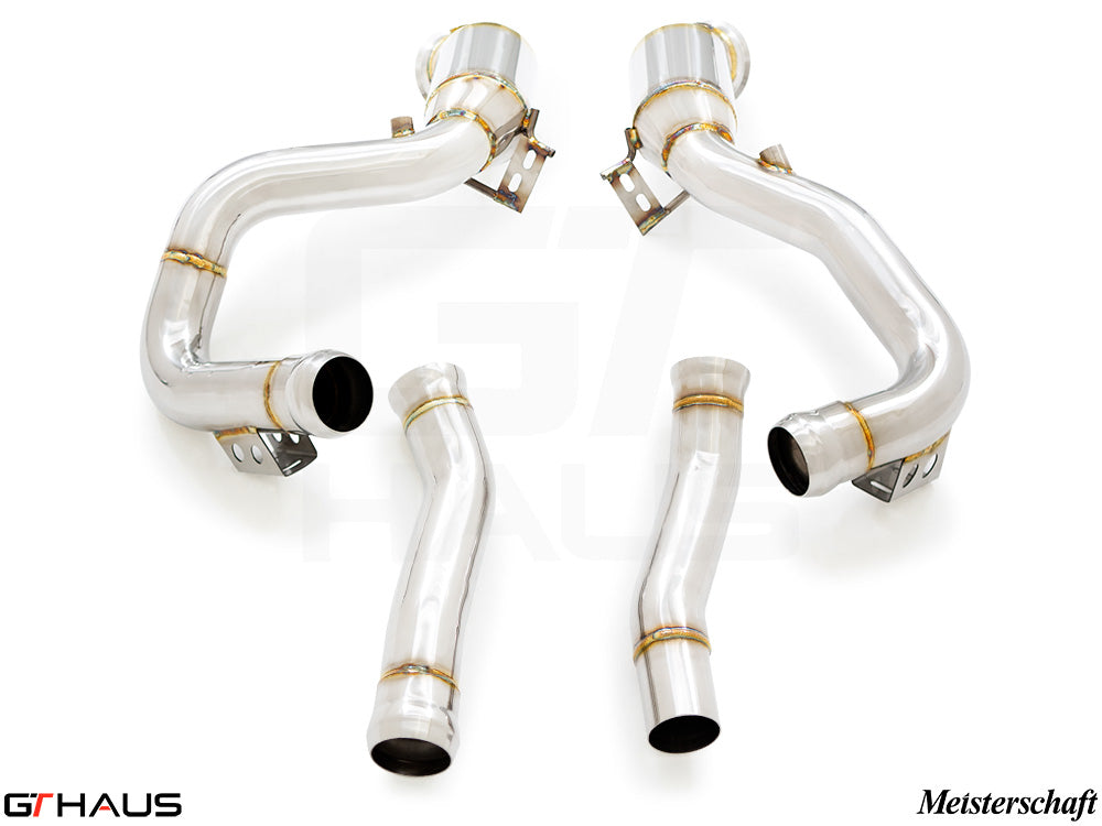 Premium down pipes for Mercedes-Benz C190 AMG GTS Coupe/Convertible 2015+, featuring OBD2 compatibility and 400 CEL sport cats.