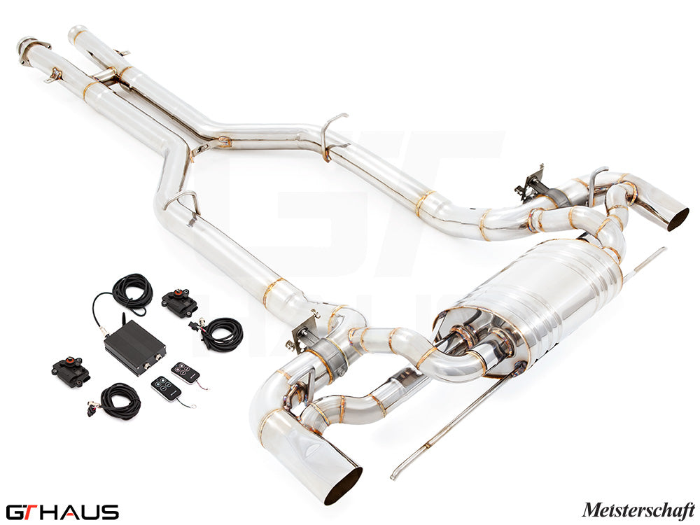 Premium performance exhaust system for Mercedes-Benz C197 SLS Coupe/Roadster, featuring stainless steel construction and electronic valve control.