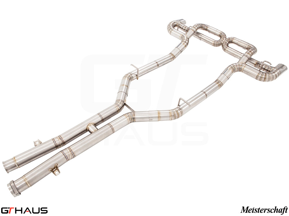 Premium performance exhaust system for Mercedes-Benz C197 SLS Coupe/Roadster, featuring stainless steel construction.