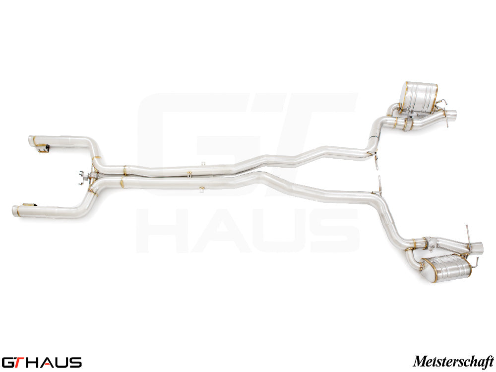 Premium performance exhaust system for Mercedes-Benz C205 C-Coupe C63s, featuring stainless steel construction and dual tips.