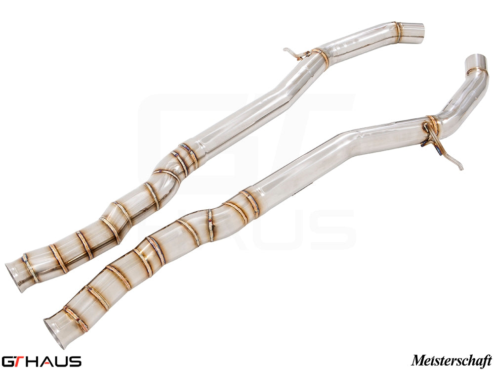 Mercedes-Benz C217 S-Class Coupe 2015+ full cat-back SR pipe with resonator delete, featuring polished stainless steel construction.