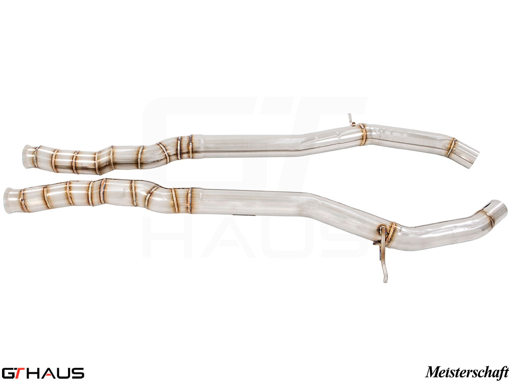 Mercedes-Benz C217 S-Class Coupe 2015+ full cat-back SR pipe with resonator delete, featuring polished stainless steel construction.