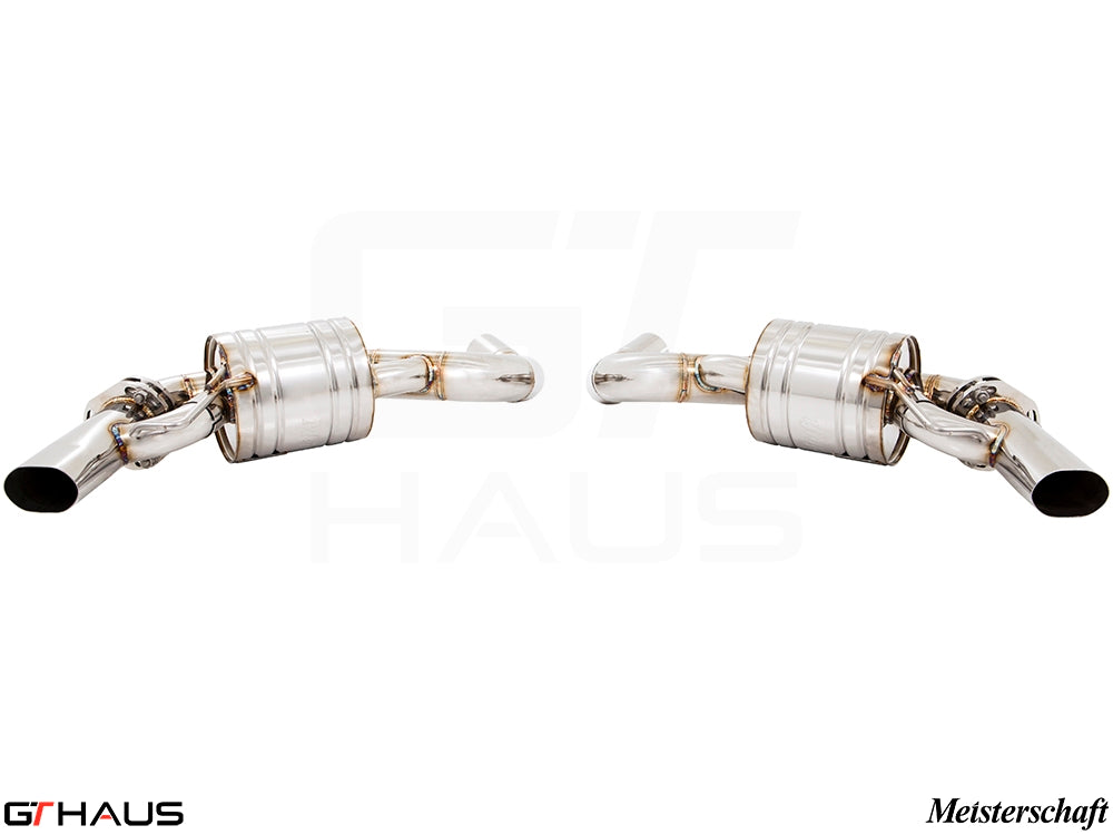Premium exhaust system for Mercedes-Benz C217 S-Class Coupe S65, featuring polished stainless steel and dual tips.