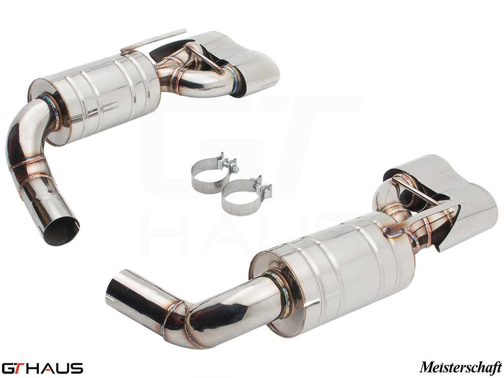 Premium exhaust system for Mercedes-Benz R230 SL-Class SL55 AMG, featuring polished stainless steel construction and performance design.