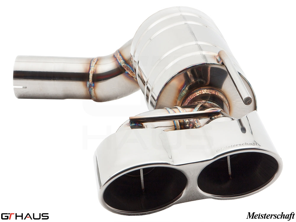 Premium stainless steel exhaust system for Mercedes-Benz R230 SL600 V12 Bi-turbo, featuring dual tips and precision craftsmanship.