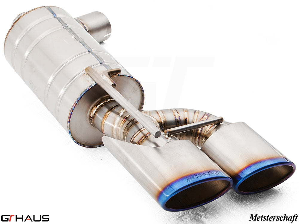 Premium Meisterschaft exhaust system for Mercedes-Benz R230 SL-Class SL600 V12 Bi-turbo, featuring dual tips and stainless steel construction.