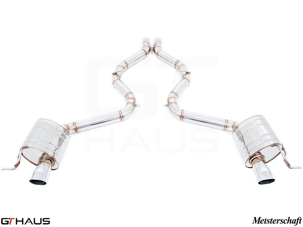 Premium exhaust system for Mercedes-Benz R231 SL65 AMG, featuring polished stainless steel construction and dual tips.