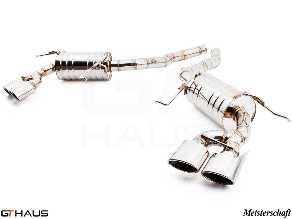 Premium Meisterschaft exhaust system for Mercedes-Benz W164 ML63 AMG, featuring polished stainless steel and dual tips.