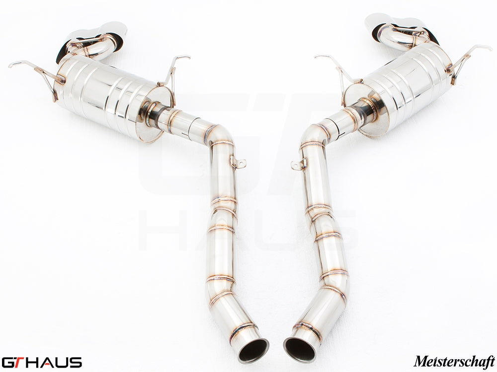 Premium Meisterschaft exhaust system for Mercedes-Benz W164 ML63 AMG, featuring polished stainless steel construction and dual tips.