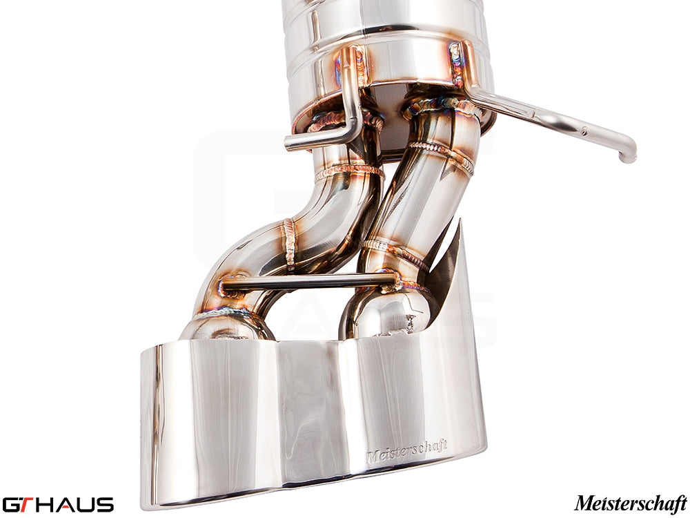 Premium exhaust system for Mercedes-Benz W204 C63 AMG V8 Black Series, showcasing polished stainless steel craftsmanship.