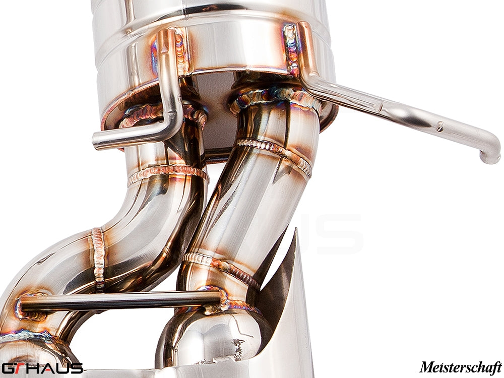 Premium exhaust system for Mercedes-Benz W204 C63 AMG V8 Black Series, showcasing high-quality stainless steel craftsmanship.