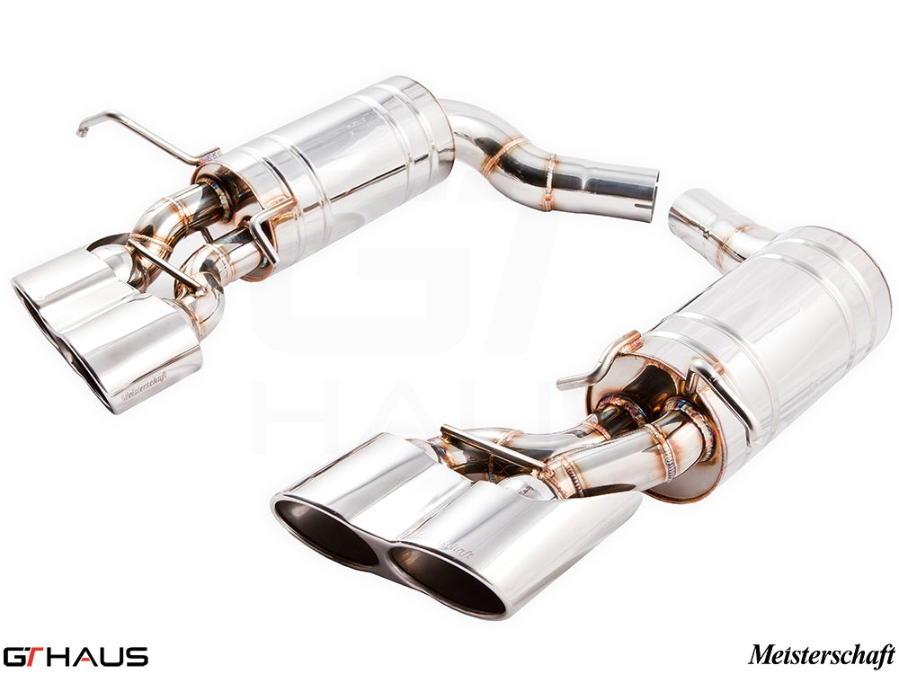 Premium Meisterschaft exhaust system for Mercedes-Benz W204 C63 AMG V8 Black Series, featuring polished stainless steel tips.