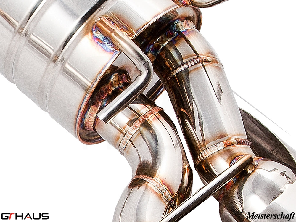 Premium exhaust system for Mercedes-Benz W204 C63 AMG V8 Black Series, showcasing intricate stainless steel craftsmanship.