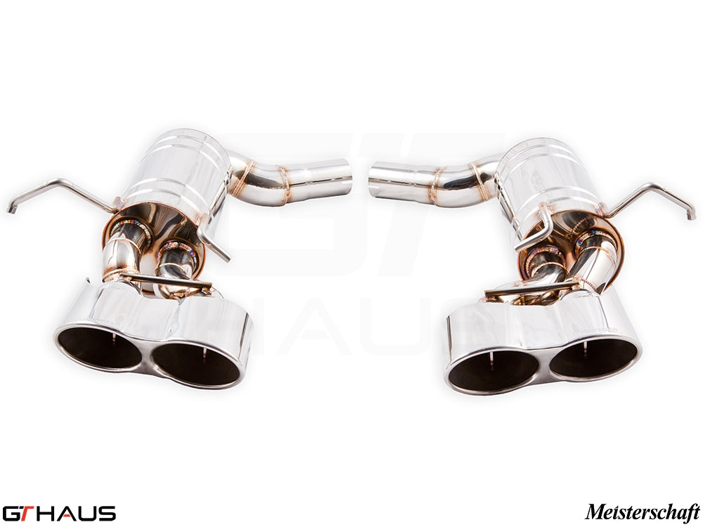 Premium exhaust system for Mercedes-Benz W204 C63 AMG V8 Black Series, featuring polished stainless steel tips and dual outlets.
