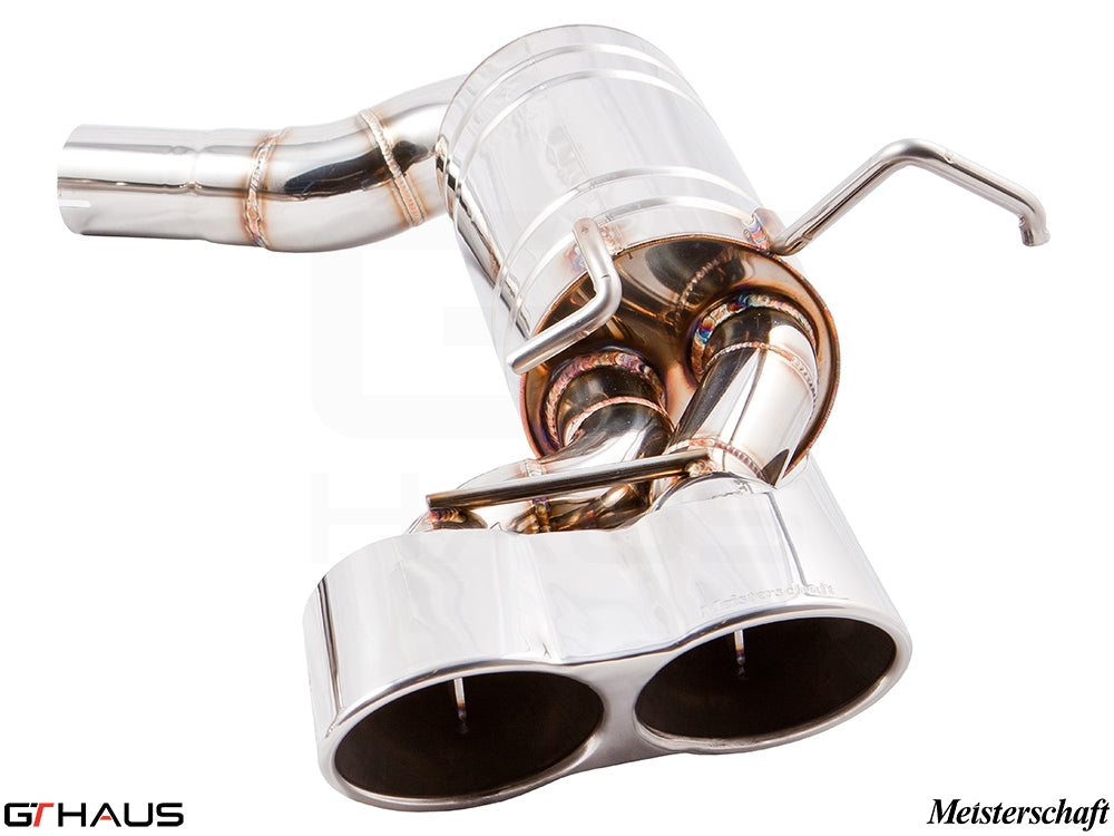 Premium exhaust system for Mercedes-Benz W204 C63 AMG V8 Black Series, featuring polished stainless steel and dual tips.