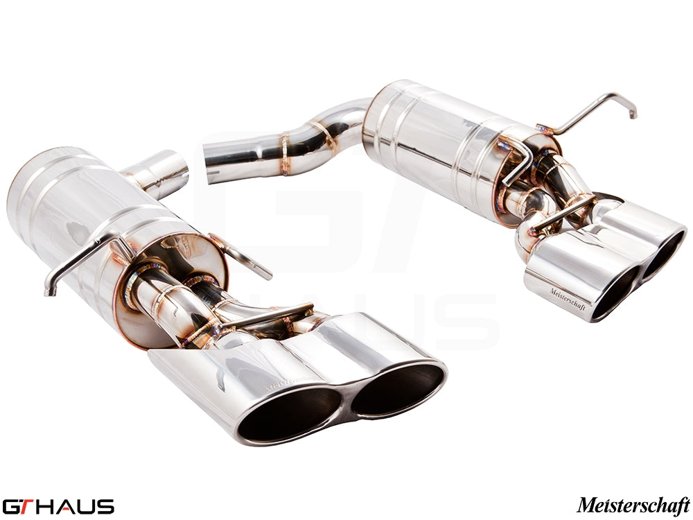 Premium exhaust system for Mercedes-Benz W204 C63 AMG V8 Black Series, featuring polished tips and high-performance design.