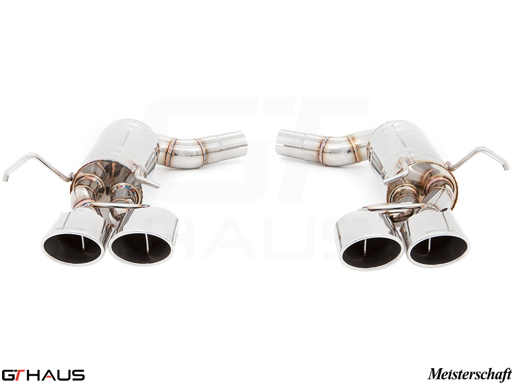 Premium exhaust system for Mercedes-Benz W204 C63 AMG V8 Coupe, featuring polished stainless steel tips and dual outlets.