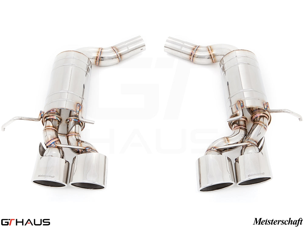 Premium exhaust system for Mercedes-Benz W204 C63 AMG, featuring polished stainless steel construction and dual tips.