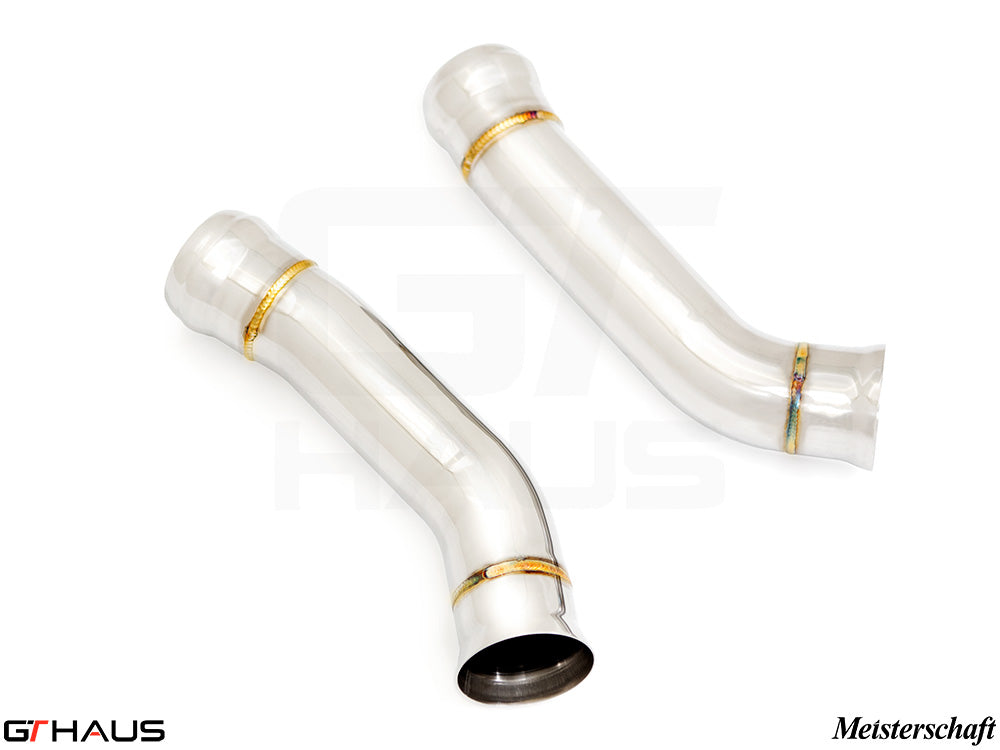 Mercedes-Benz W205 C-Sedan 2015-2021 down pipe featuring a secondary cat-delete design for enhanced exhaust flow.