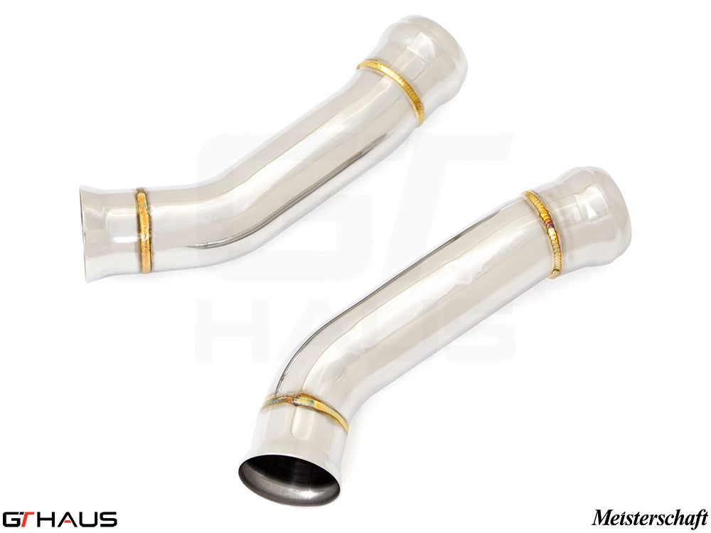 Mercedes-Benz W205 C-Sedan 2015-2021 down pipe with secondary cat-delete, featuring polished stainless steel construction.