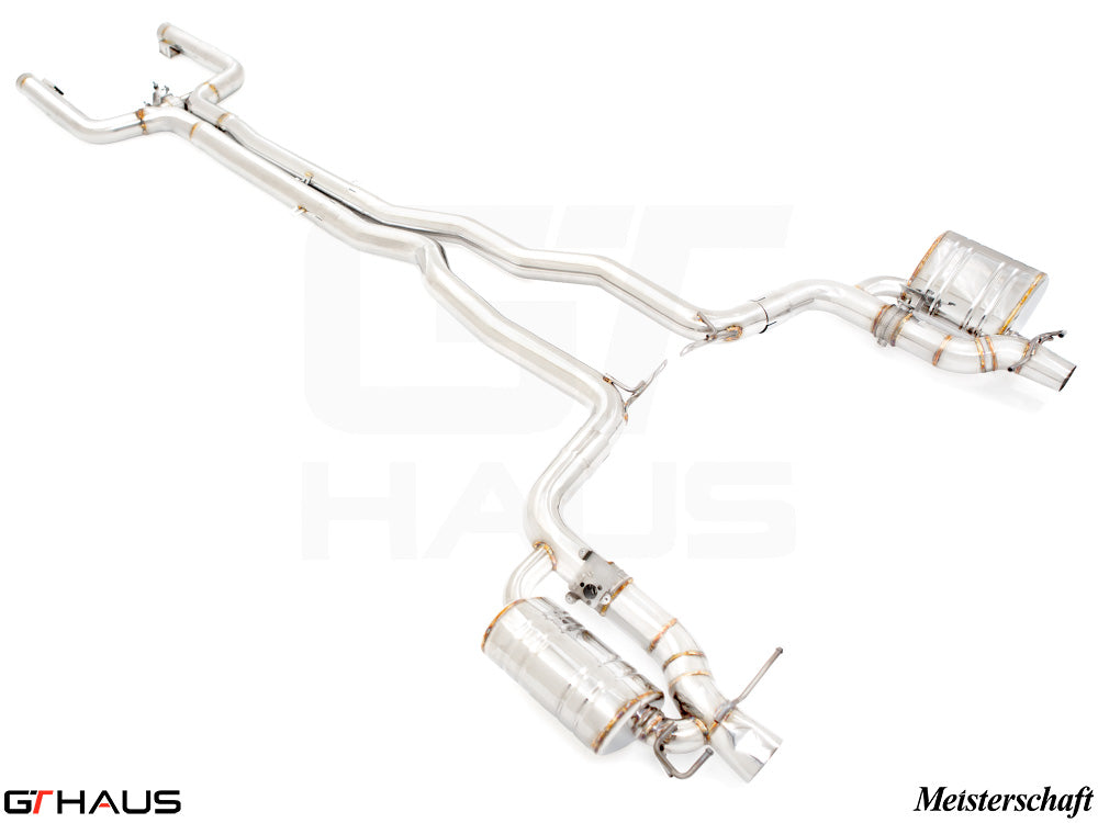 Premium performance exhaust system for Mercedes-Benz W205 C-Sedan C63s, featuring stainless steel construction and Meisterschaft branding.