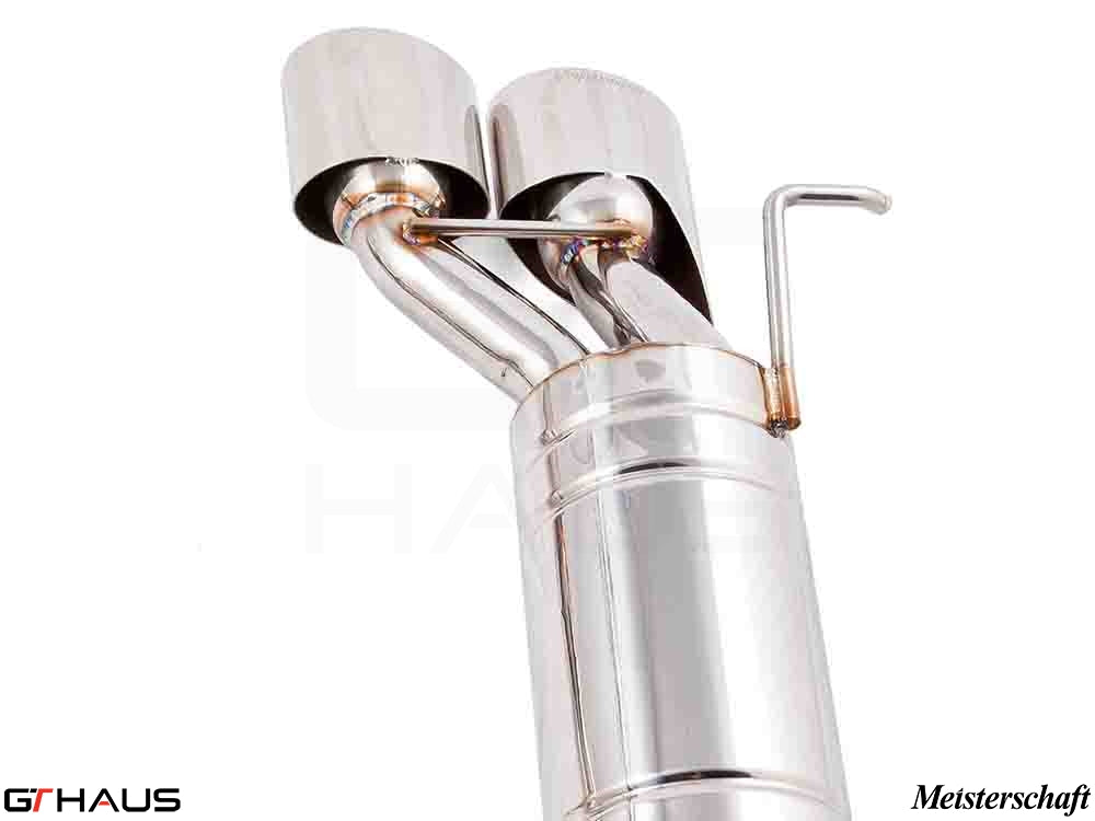 Premium performance exhaust system for Mercedes-Benz W211 E-Class E500/E550 V8 models, showcasing polished stainless steel design.