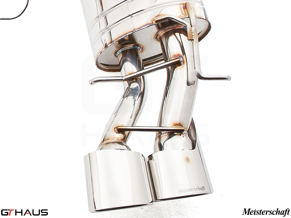 Premium Meisterschaft exhaust system for Mercedes-Benz W212 E-Class E63 AMG V8, featuring polished stainless steel finish.