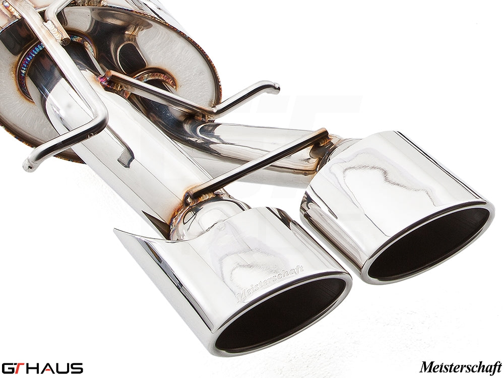 Premium Meisterschaft exhaust tips for Mercedes-Benz W212 E-Class E63 AMG V8, showcasing polished stainless steel finish.