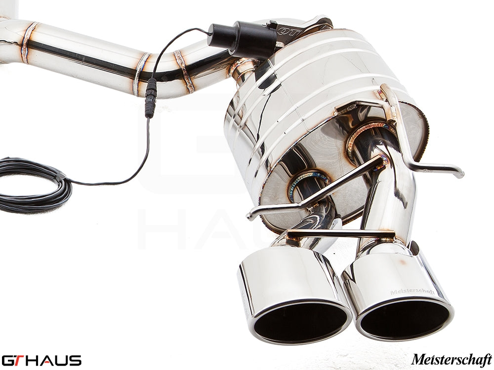 Premium Meisterschaft exhaust system for Mercedes-Benz W212 E-Class E63 AMG V8, featuring polished dual tips and electronic valve control.