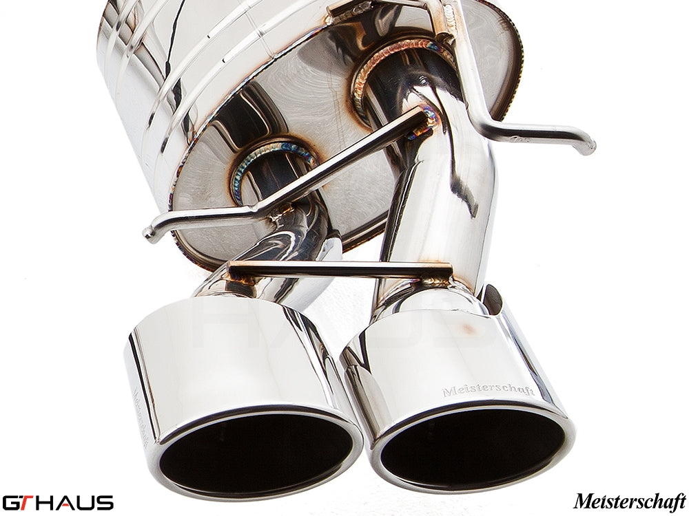 Premium Meisterschaft exhaust system for Mercedes-Benz W212 E-Class E63 AMG V8, featuring polished dual tips and advanced design.