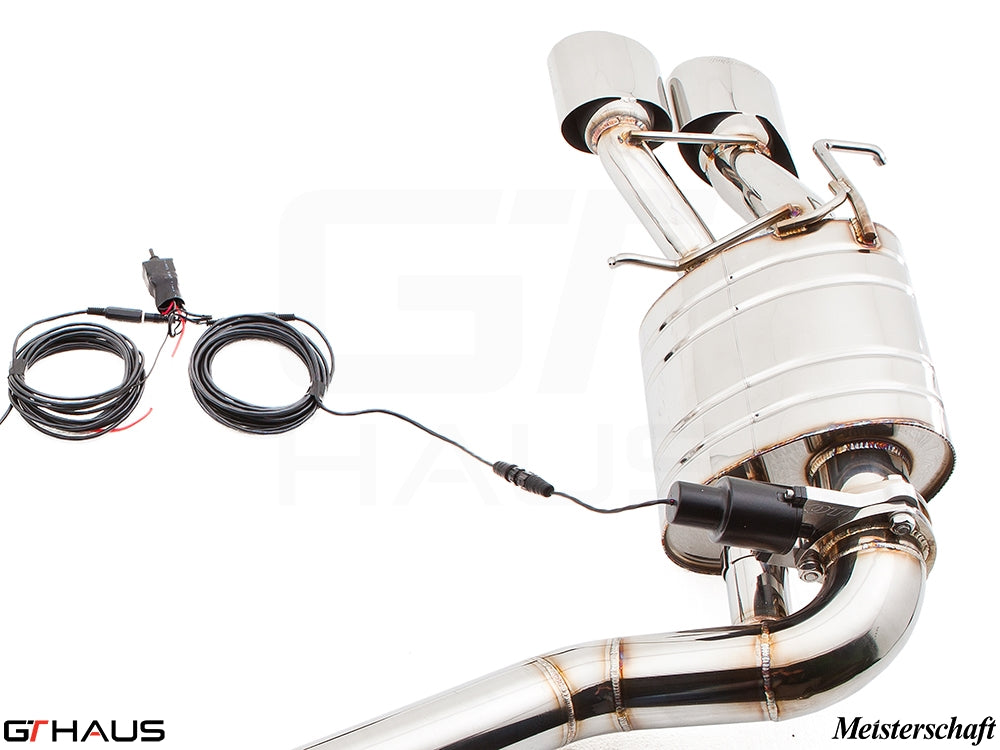 Premium exhaust system for Mercedes-Benz W212 E-Class E63 AMG V8, featuring polished stainless steel and electronic valve control.