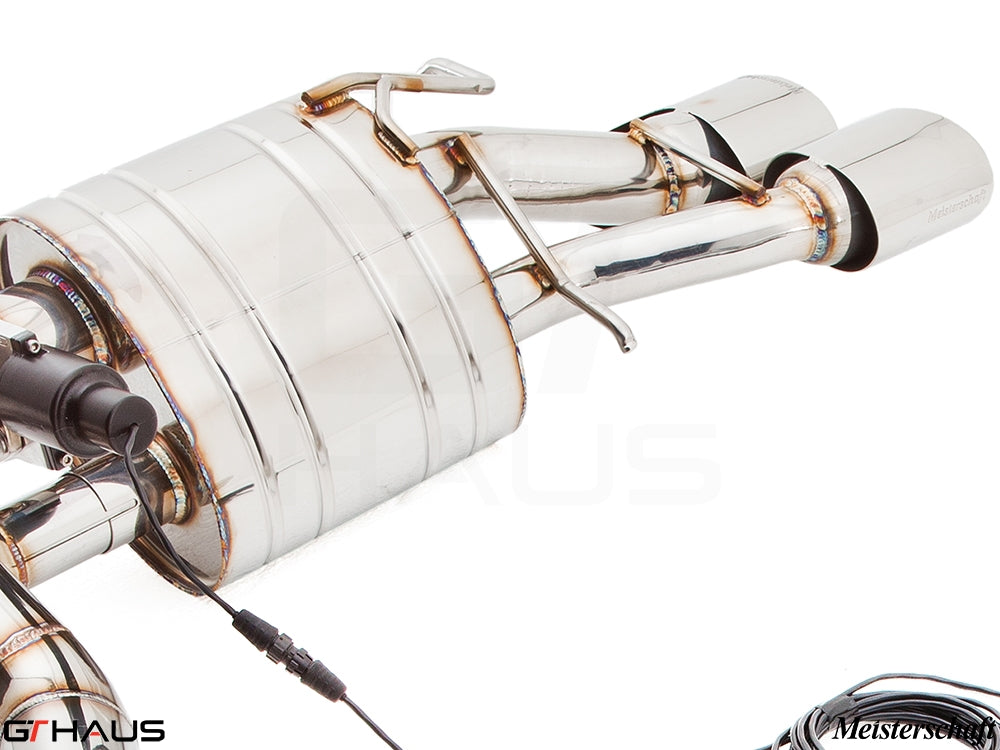 Premium performance exhaust system for Mercedes-Benz W212 E-Class E63 AMG V8, featuring polished stainless steel construction.